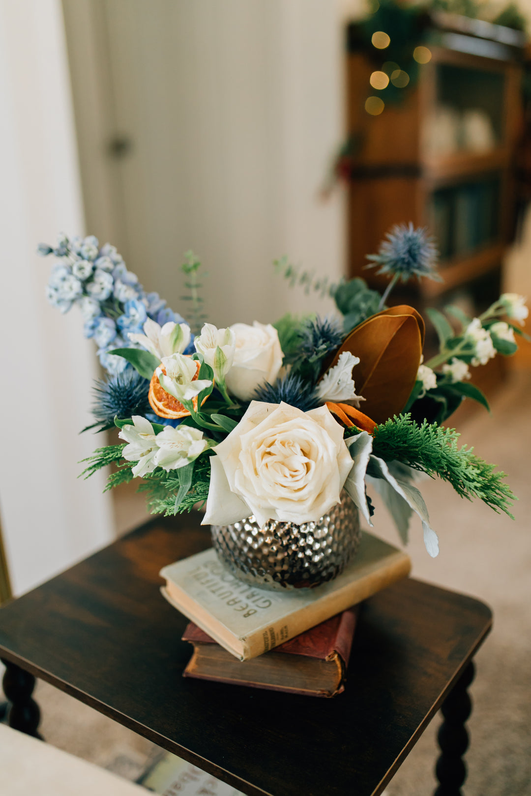Striking Blue and White Floral Holiday Arrangement Kansas City Lee's Summit Leawood Florist