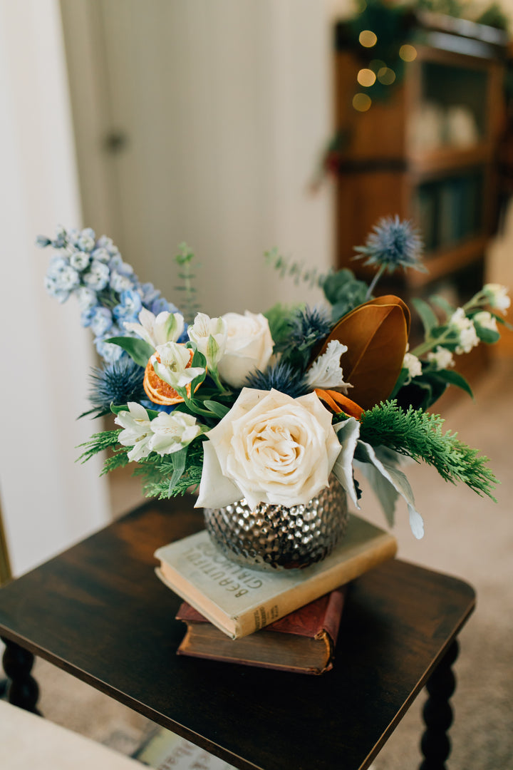 Striking Blue and White Floral Holiday Arrangement Kansas City Lee's Summit Leawood Florist