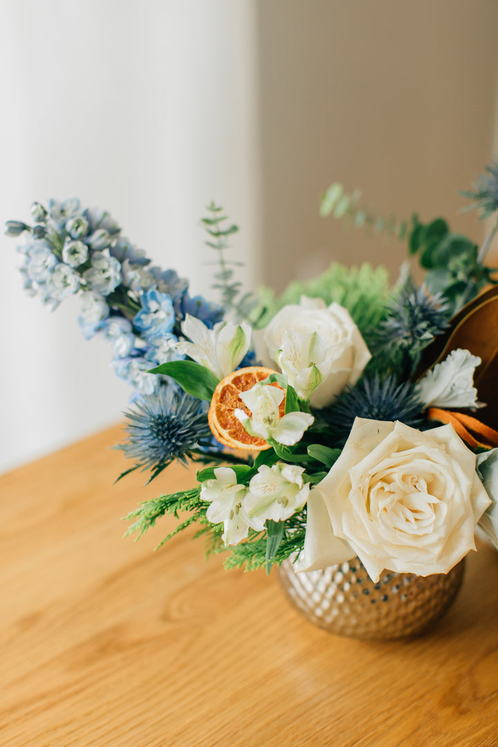 Striking Blue and White Floral Holiday Arrangement Kansas City Lee's Summit Leawood Florist