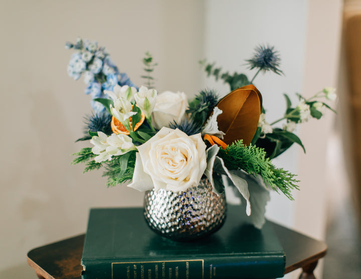 Striking Blue and White Floral Holiday Arrangement Kansas City Lee's Summit Leawood Florist