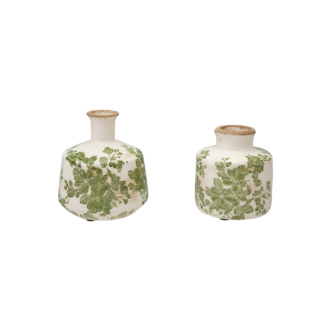 Green & White Vase with Botanicals, 2 Styles
