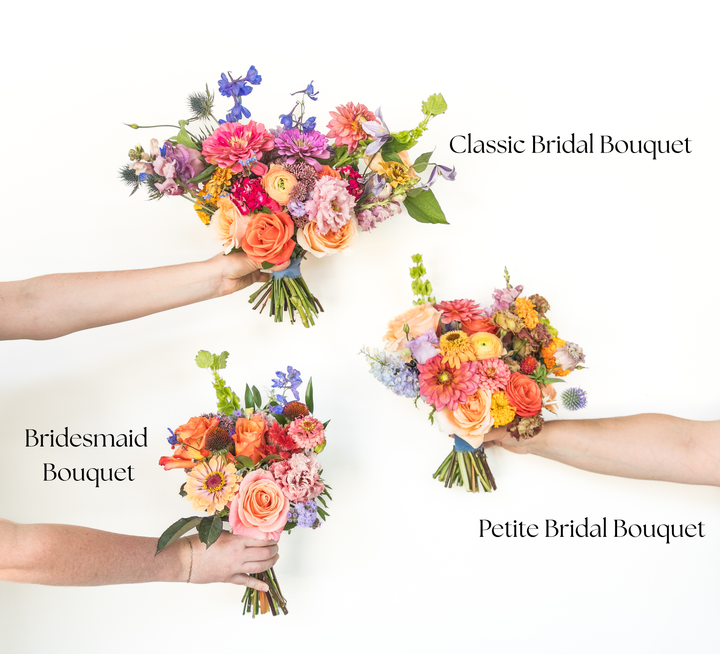 Three floral bouquets: Classic Bridal Bouquet, Bridesmaid Bouquet, and Petite Bridal Bouquet. Bel Fiore Co Kansas City Wedding Florist. Bouquet Sizing Comparison.