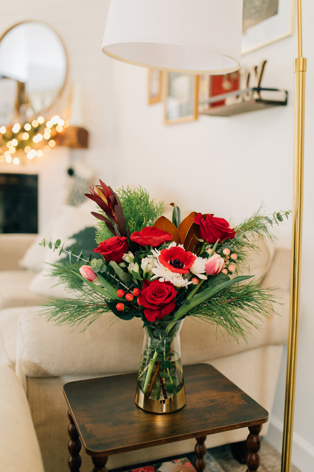 Classic Christmas Vase Arrangement Fresh Evergreens Red Roses Lee's Summit Flower Delivery