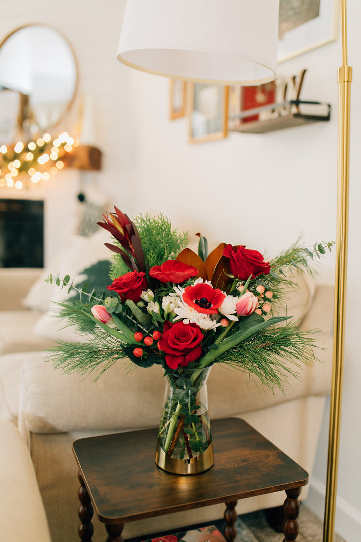 Classic Christmas Vase Arrangement Fresh Evergreens Red Roses Lee's Summit Flower Delivery