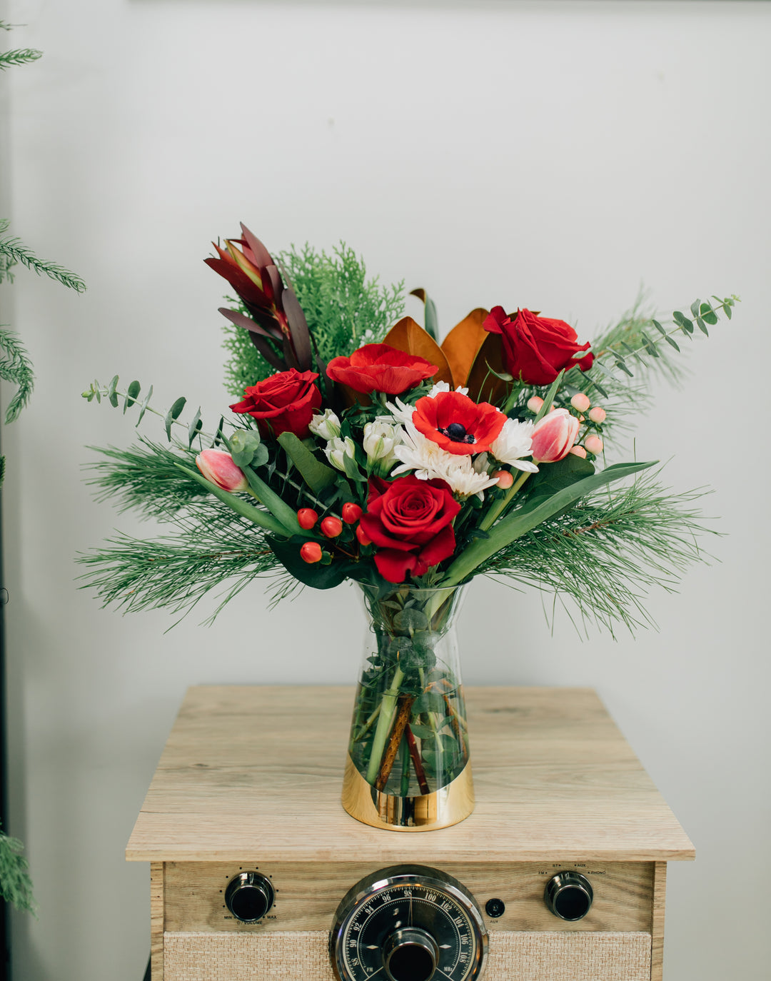 Classic Christmas Vase Arrangement Fresh Evergreens Red Roses Lee's Summit Flower Delivery