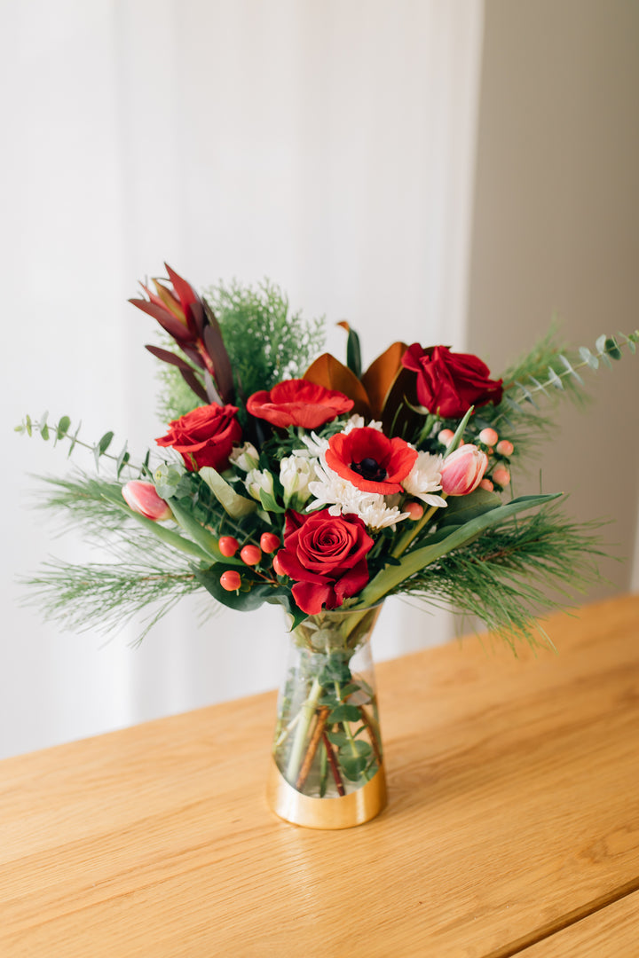 Classic Christmas Vase Arrangement Fresh Evergreens Red Roses Lee's Summit Flower Delivery