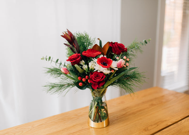 Classic Christmas Vase Arrangement Fresh Evergreens Red Roses Lee's Summit Flower Delivery Kansas City Florist