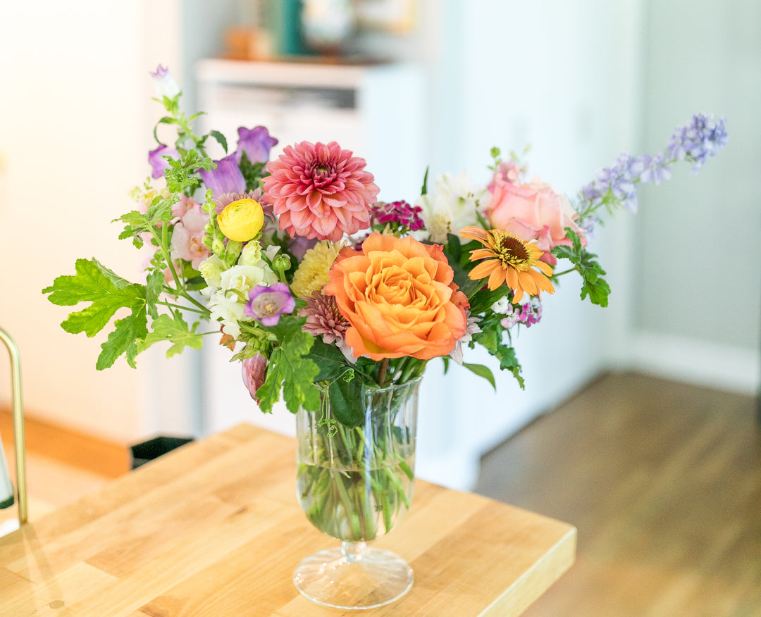Colorful flower arrangement in a glass vase in Kansas City.