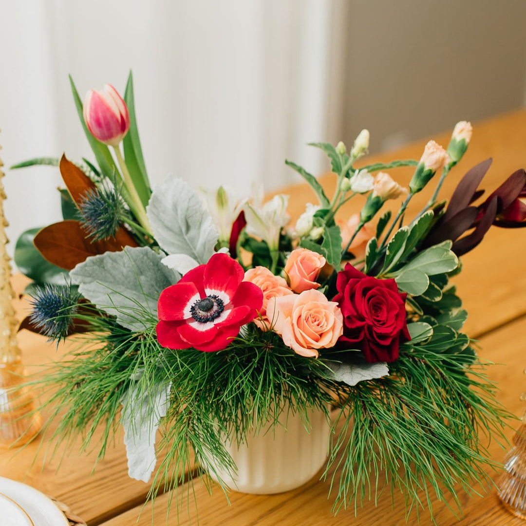 Holiday Floral Centerpiece Garden inspired Evergreen classic winter reds soft pinks