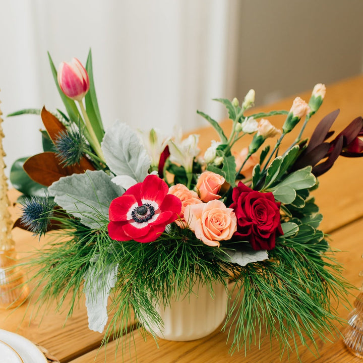 Holiday Floral Centerpiece Garden inspired Evergreen classic winter reds soft pinks