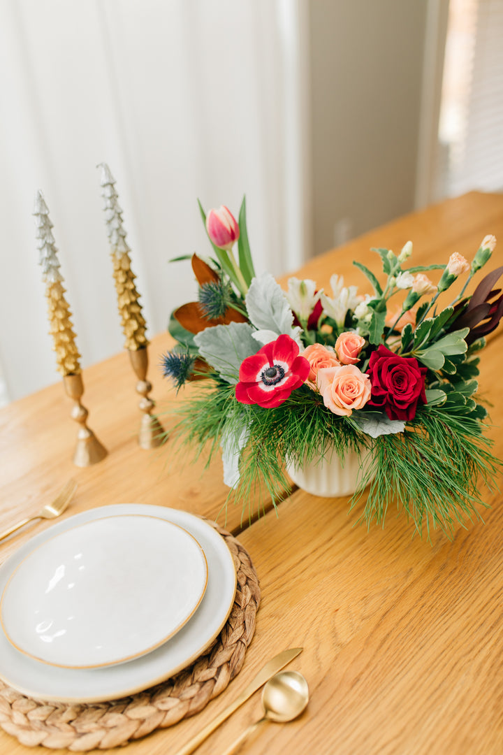 Holiday Floral Centerpiece Garden inspired Evergreen classic winter reds soft pinks