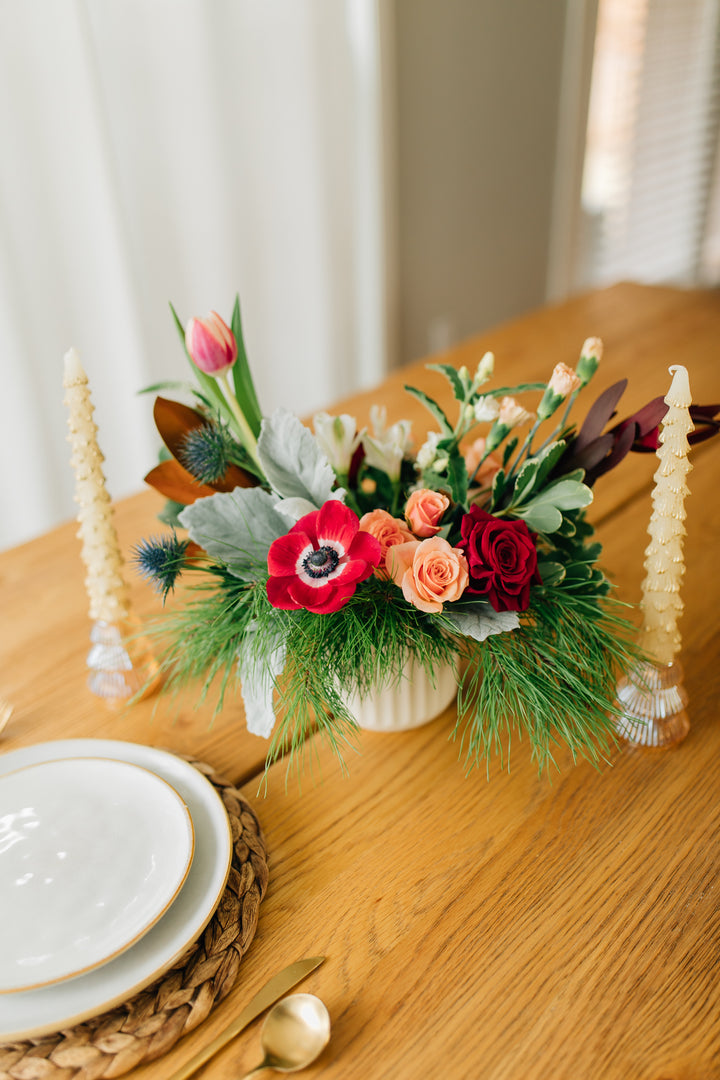 Holiday Floral Centerpiece Garden inspired Evergreen classic winter reds soft pinks Kansas City Lee's Summit Florist