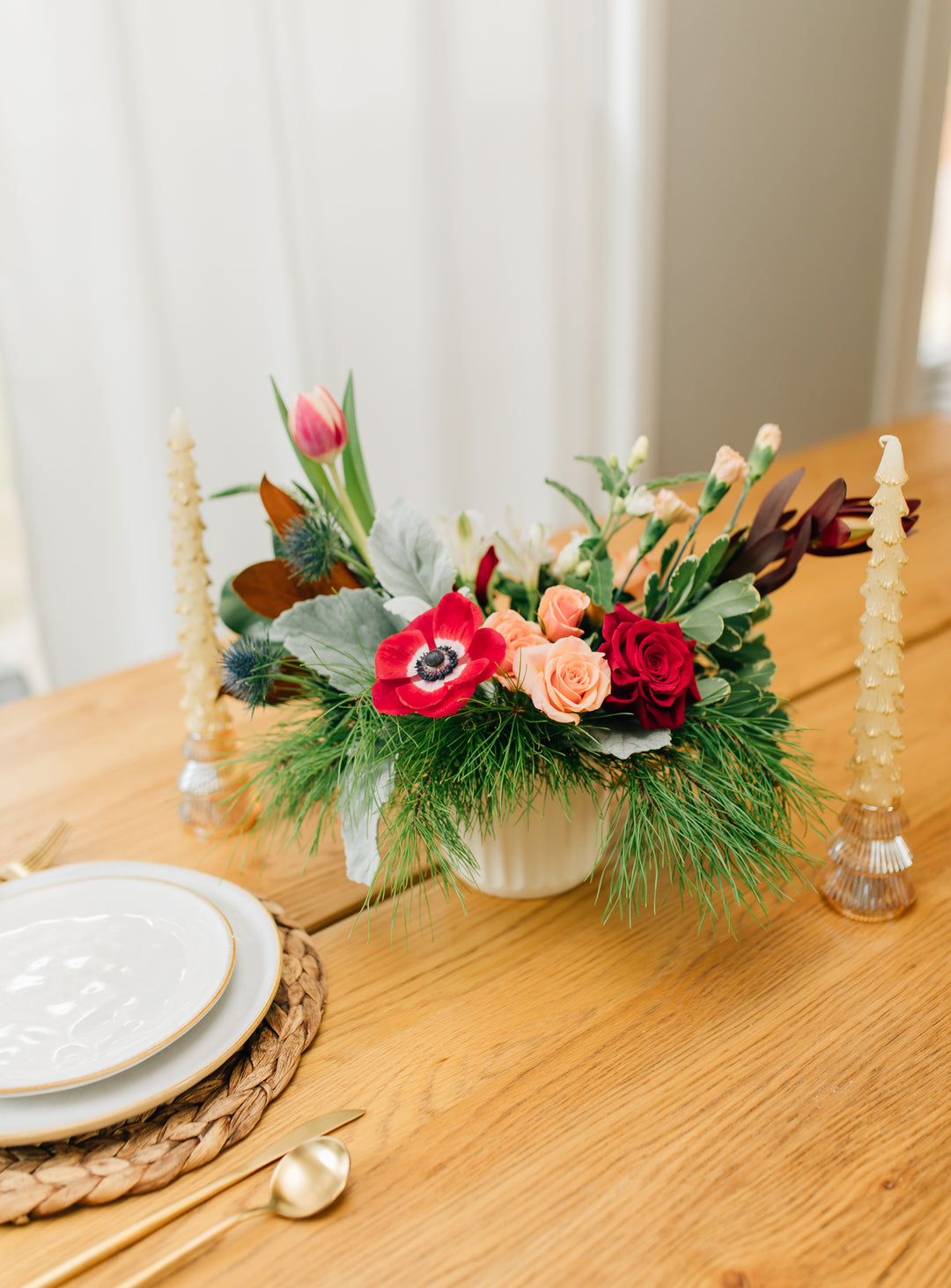 Holiday Floral Centerpiece Garden inspired Evergreen classic winter reds soft pinks