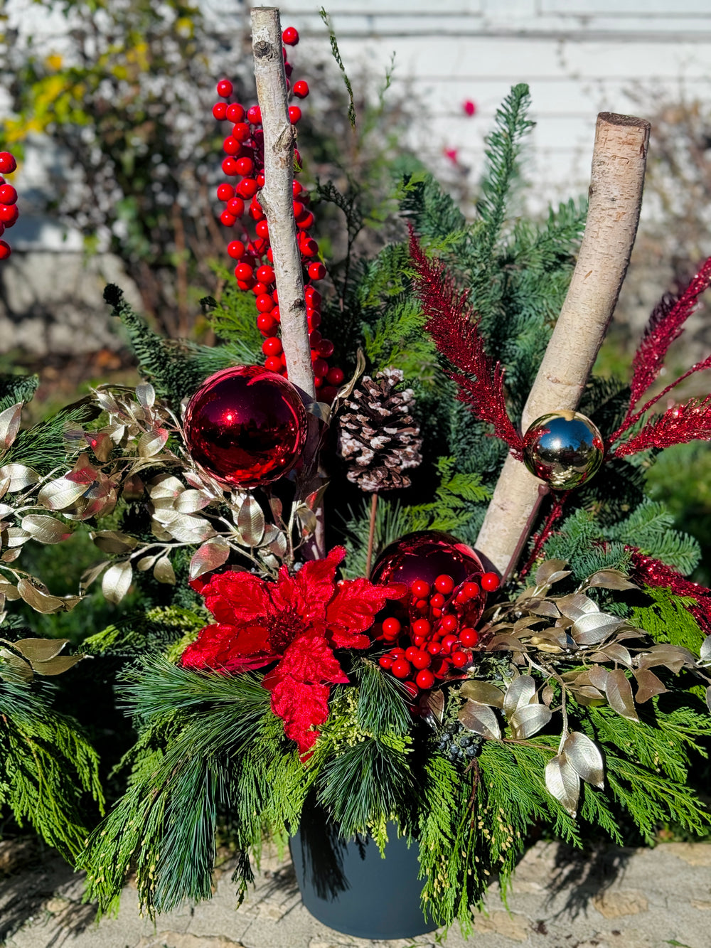 Kansas City Holiday Evergreen Planter Christmas Golds and Reds