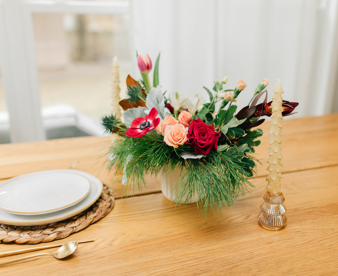 Holiday Floral Centerpiece Garden inspired Evergreen classic winter reds soft pinks