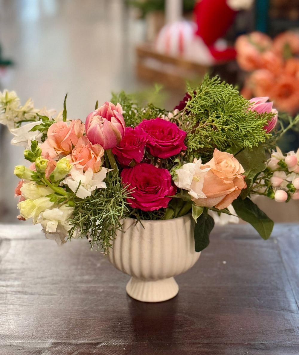 Winter pink holiday arrangement Kansas City Lee's Summit Florist