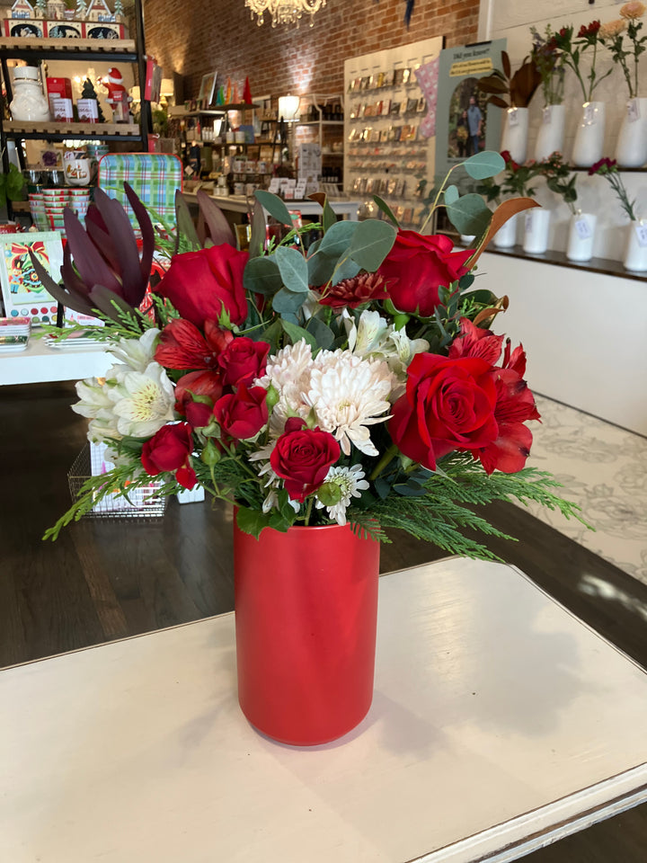 Traditional Christmas Arrangment, tall red vase Bel Fiore Co. Kansas City Lee's Summit Florist Delivery