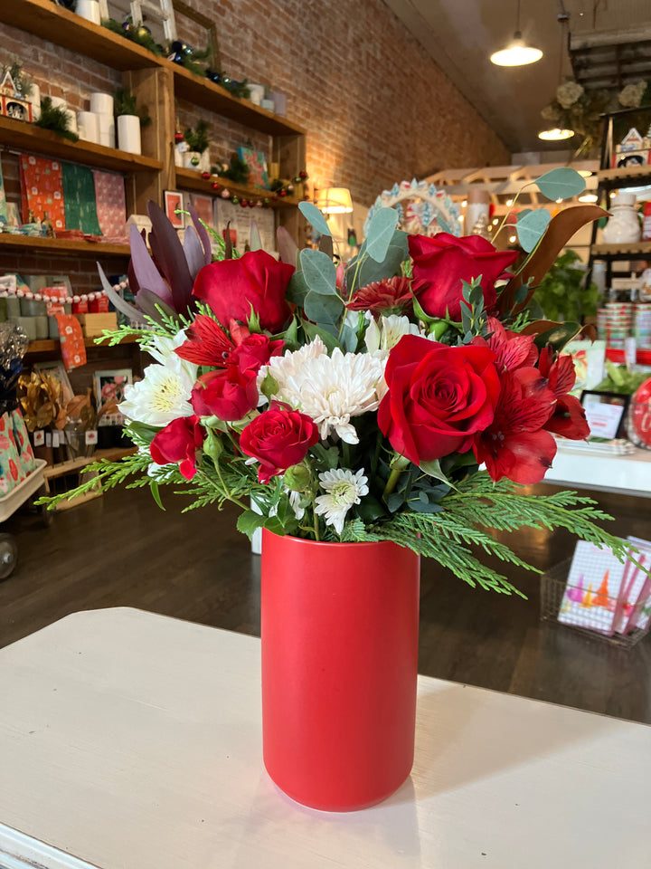 Traditional Christmas Arrangment, tall red vase Bel Fiore Co. Kansas City Lee's Summit Florist Delivery