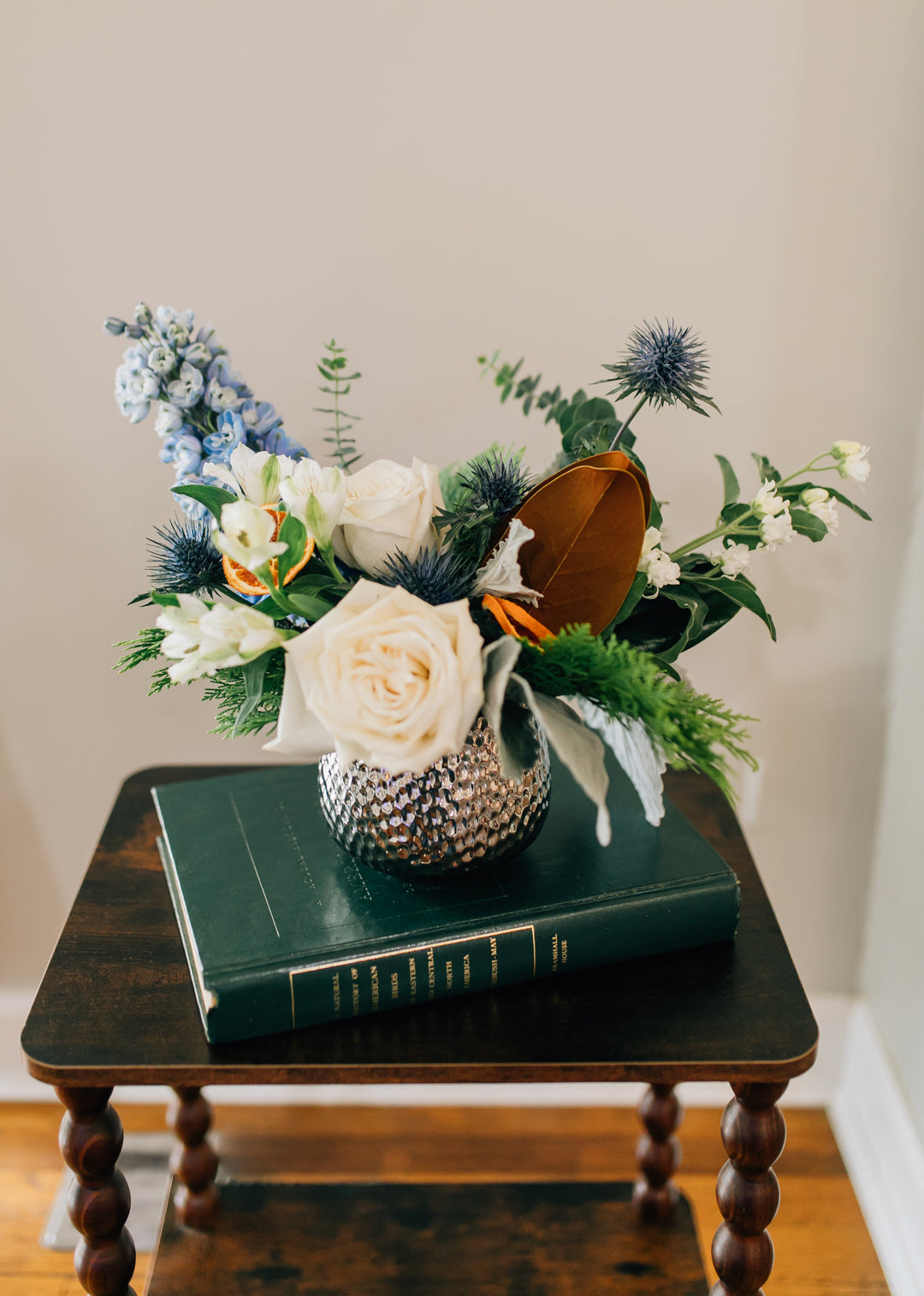 Striking Blue and White Floral Holiday Arrangement Kansas City Lee's Summit Leawood Florist