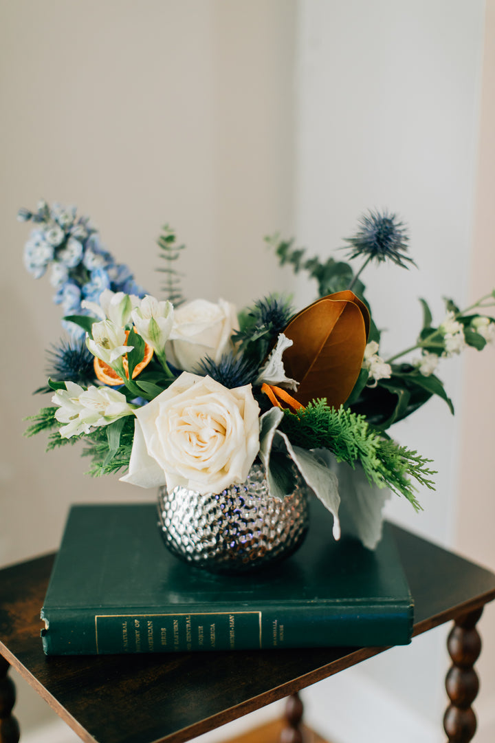 Striking Blue and White Floral Holiday Arrangement Kansas City Lee's Summit Leawood Florist