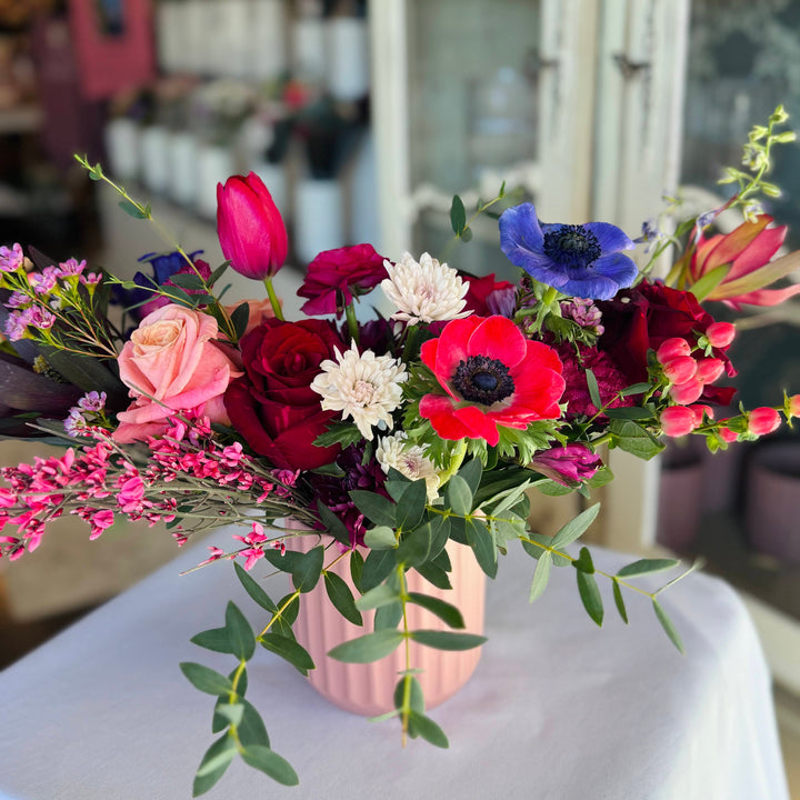 Valentines Floral Arrangement Pinks, Reds, Purples Kansas City Florist Lee's Summit Roses Anemones Ranunculus
