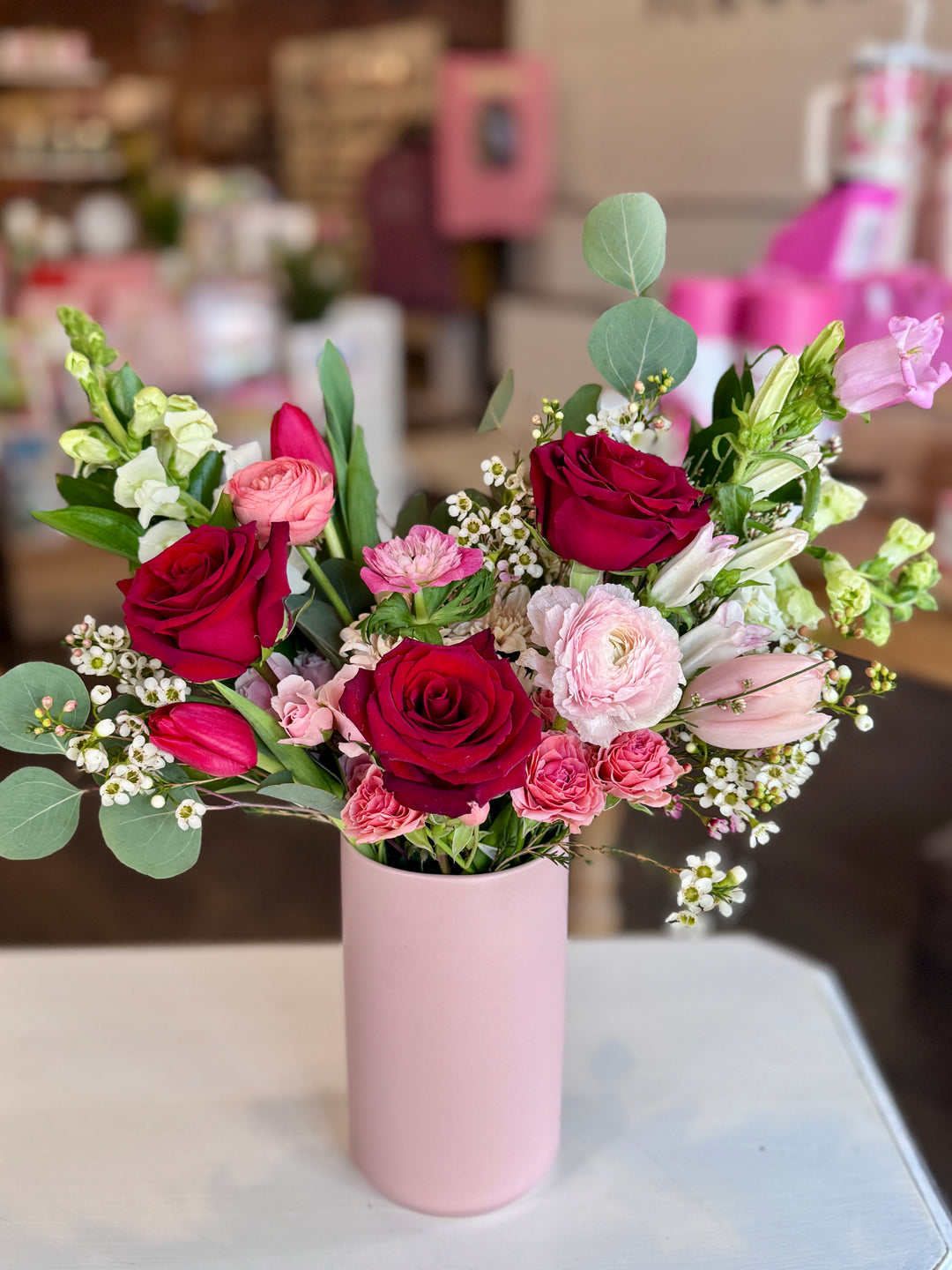 Red and Pink Valentine's Arrangement in Pink Vase Lee's Summit Florist
