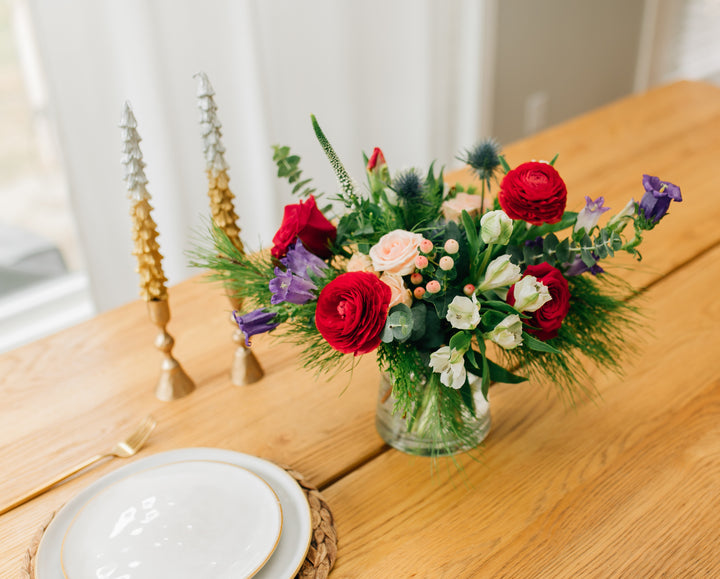 Grand Holiday Christmas arrangement roses and evergreens Kansas City Florist 