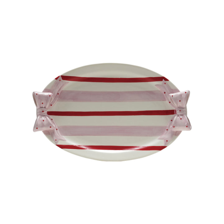 Hand-Painted Stoneware Striped Platter with Polka Dot Bow Shaped Handles, White