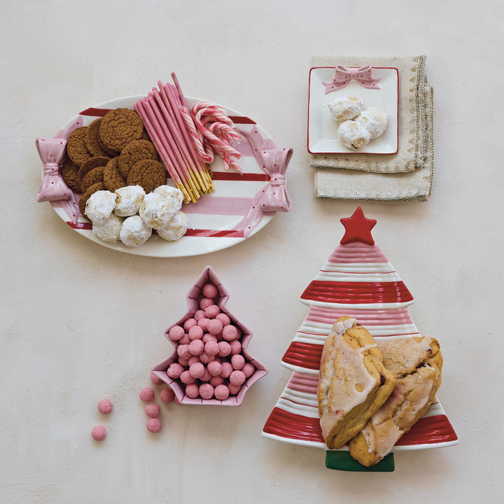 Hand-Painted Stoneware Striped Platter with Polka Dot Bow Shaped Handles, White
