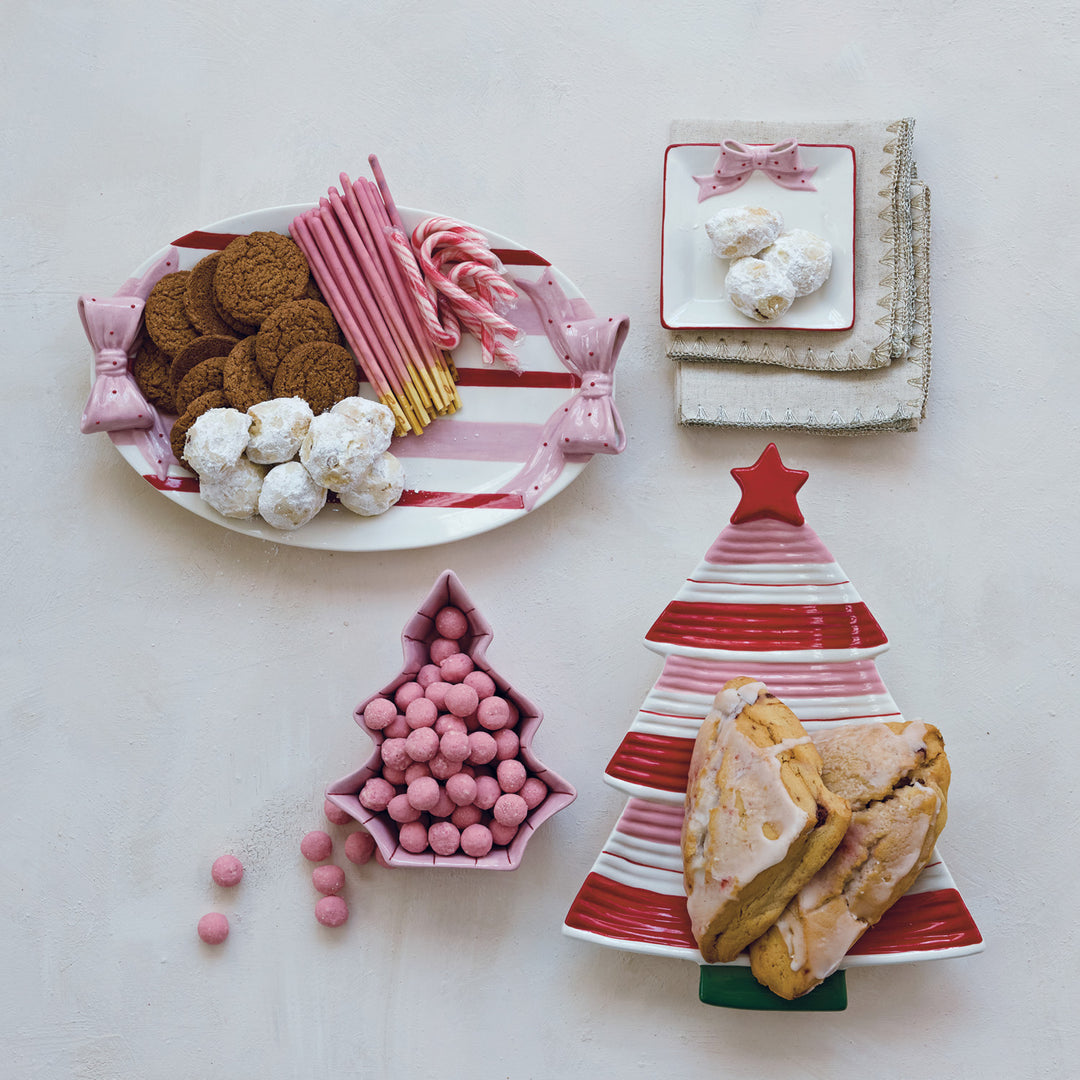 Hand-Painted Stoneware Dish with 3D Polka Dot Bow & Colored Edge, White