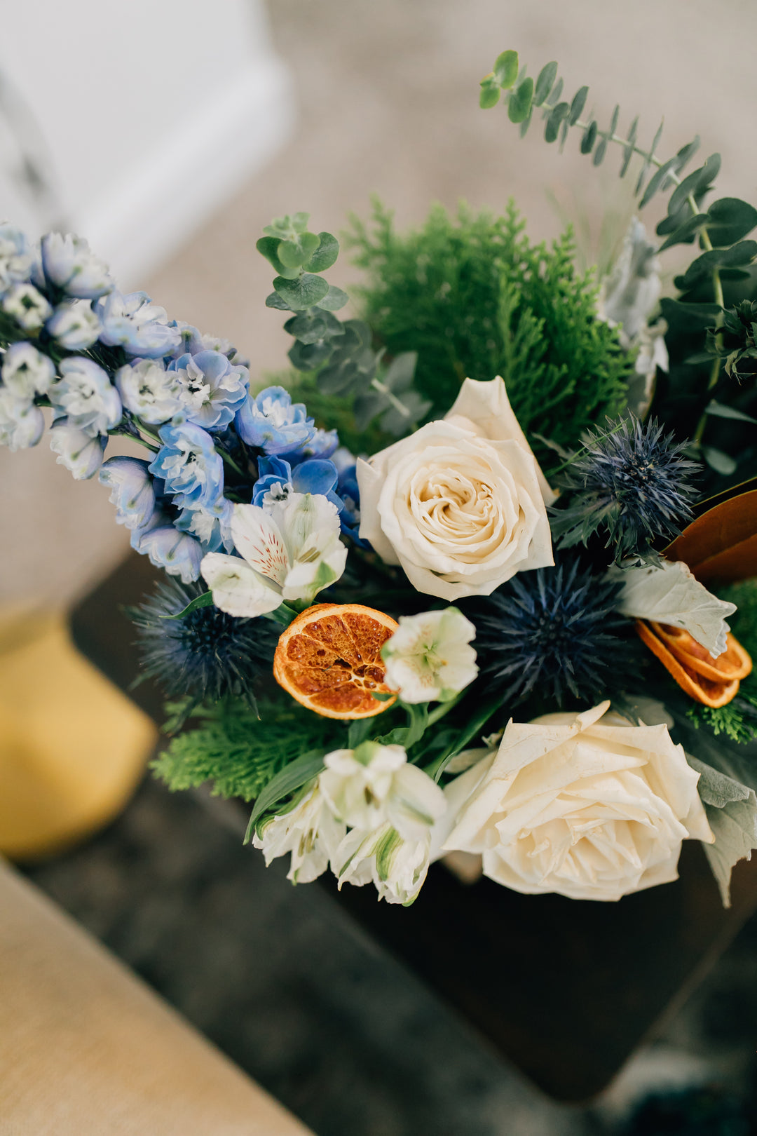 Striking Blue and White Floral Holiday Arrangement Kansas City Lee's Summit Leawood Florist