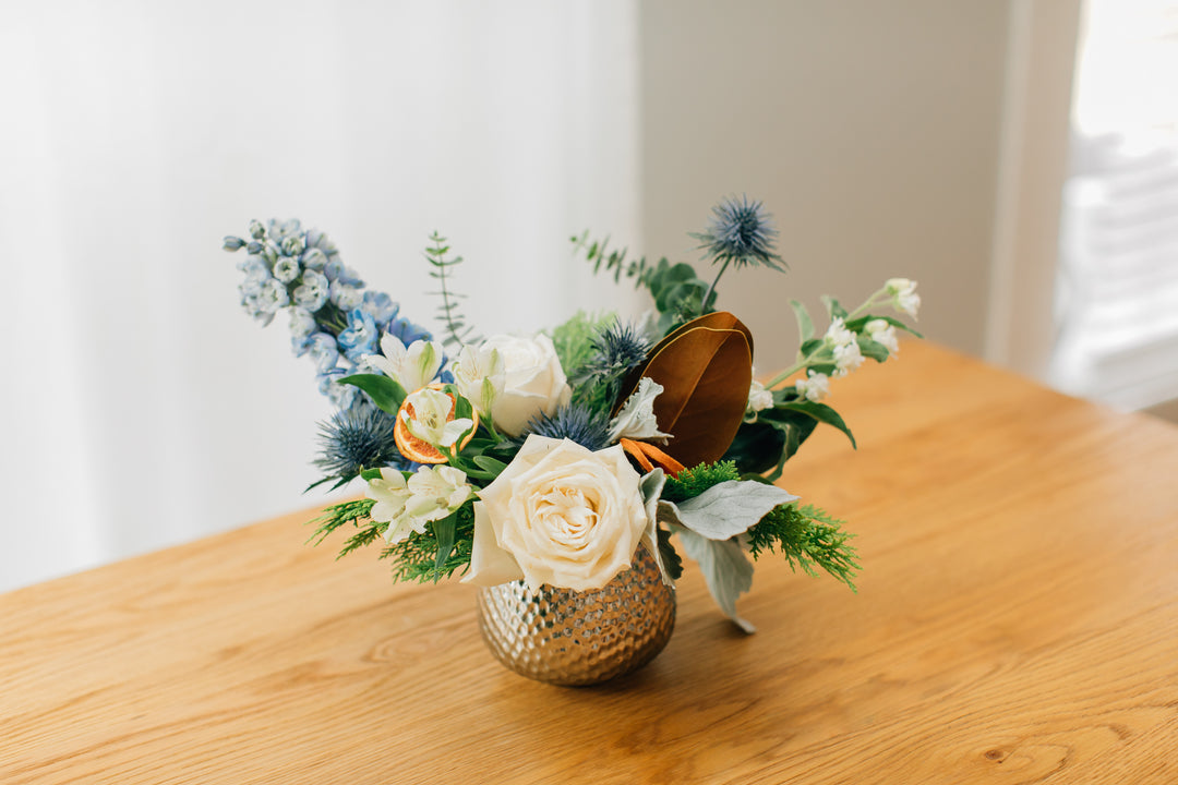 Striking Blue and White Floral Holiday Arrangement Kansas City Lee's Summit Leawood Florist