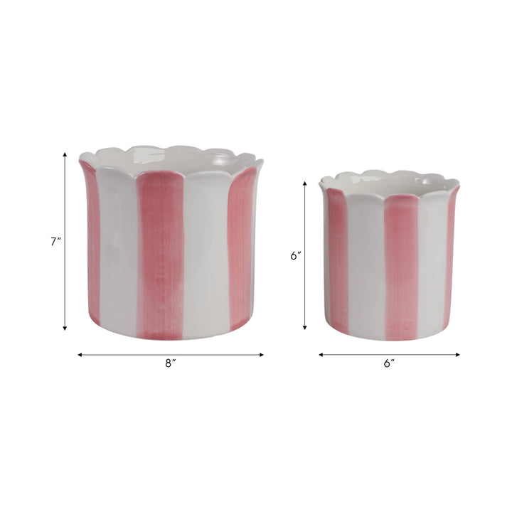 Sagebrook Home - Planters Set of 2 - Pink Ceramic Striped Scallop, 6/8 in.