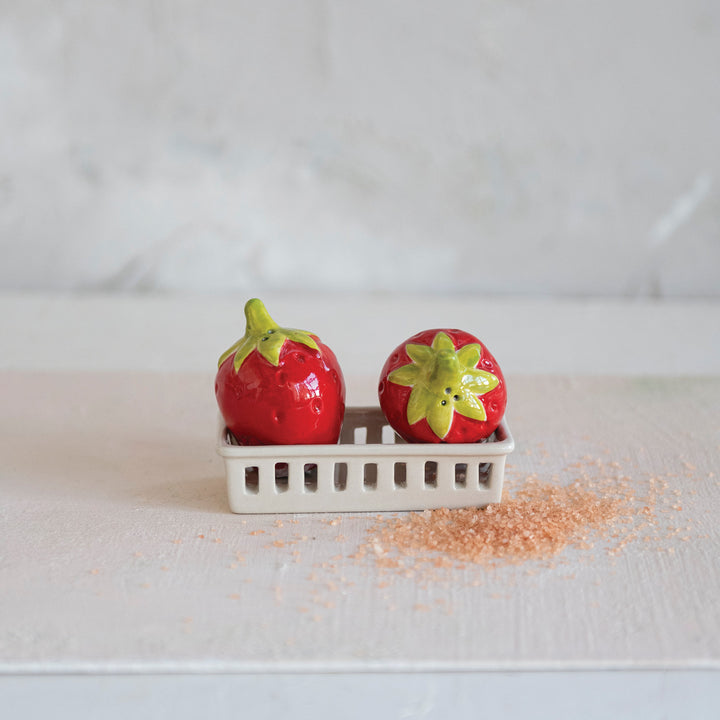 Strawberry Shaped Salt & Pepper Shakers with Berry Basket Shaped Holder, Set of 3