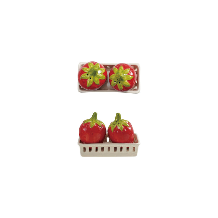 Strawberry Shaped Salt & Pepper Shakers with Berry Basket Shaped Holder, Set of 3