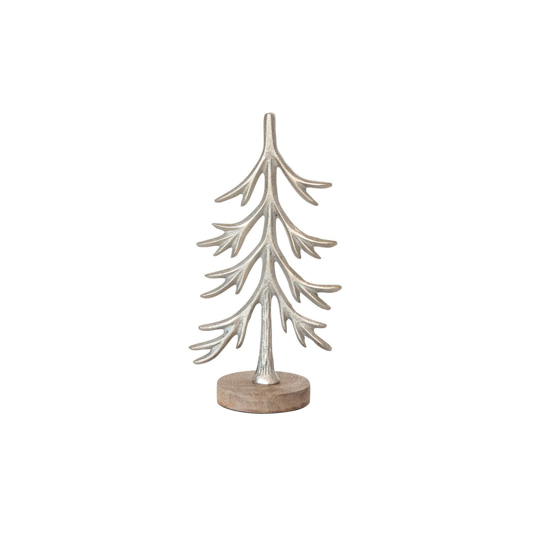 Cast Aluminum Tree with Mango Wood Base, Silver Finish & Natural
