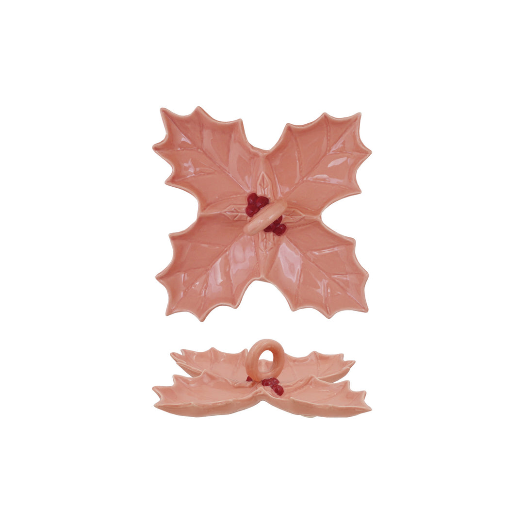 Ceramic Holly Shaped Dish with 4 Sections & Handle